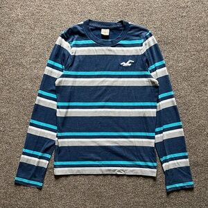 Vintage Y2K Hollister Blue White Striped Long Sleeve Shirt Size Small Retro Logo